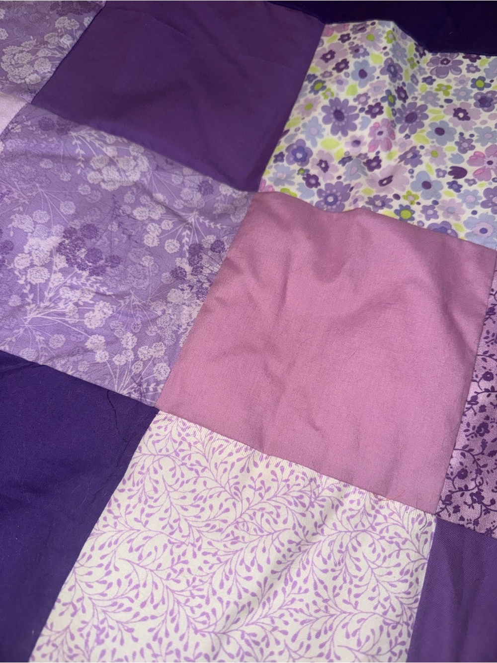 Purple Patchwork Quilt - Soft Floral & Solid Squares 36”x42” - Picture 3 of 6